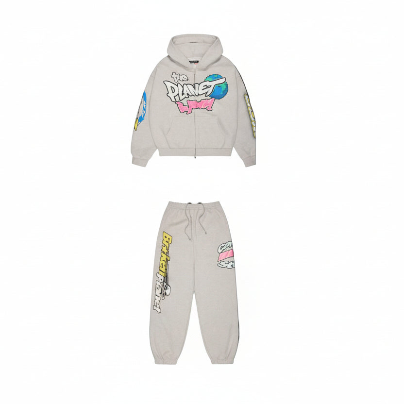 Gray hoodie and sweatpants set with colorful graphics on a black background